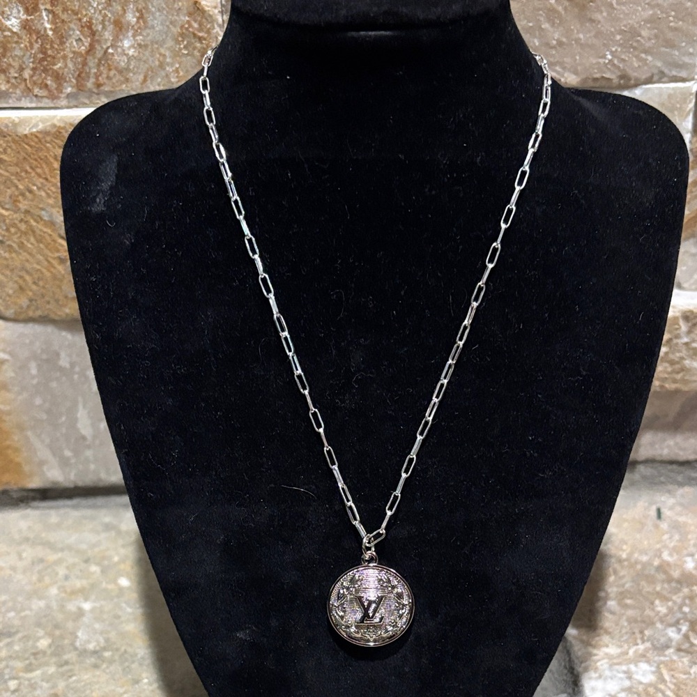 Silver Medallion LV charm Pendant Necklace